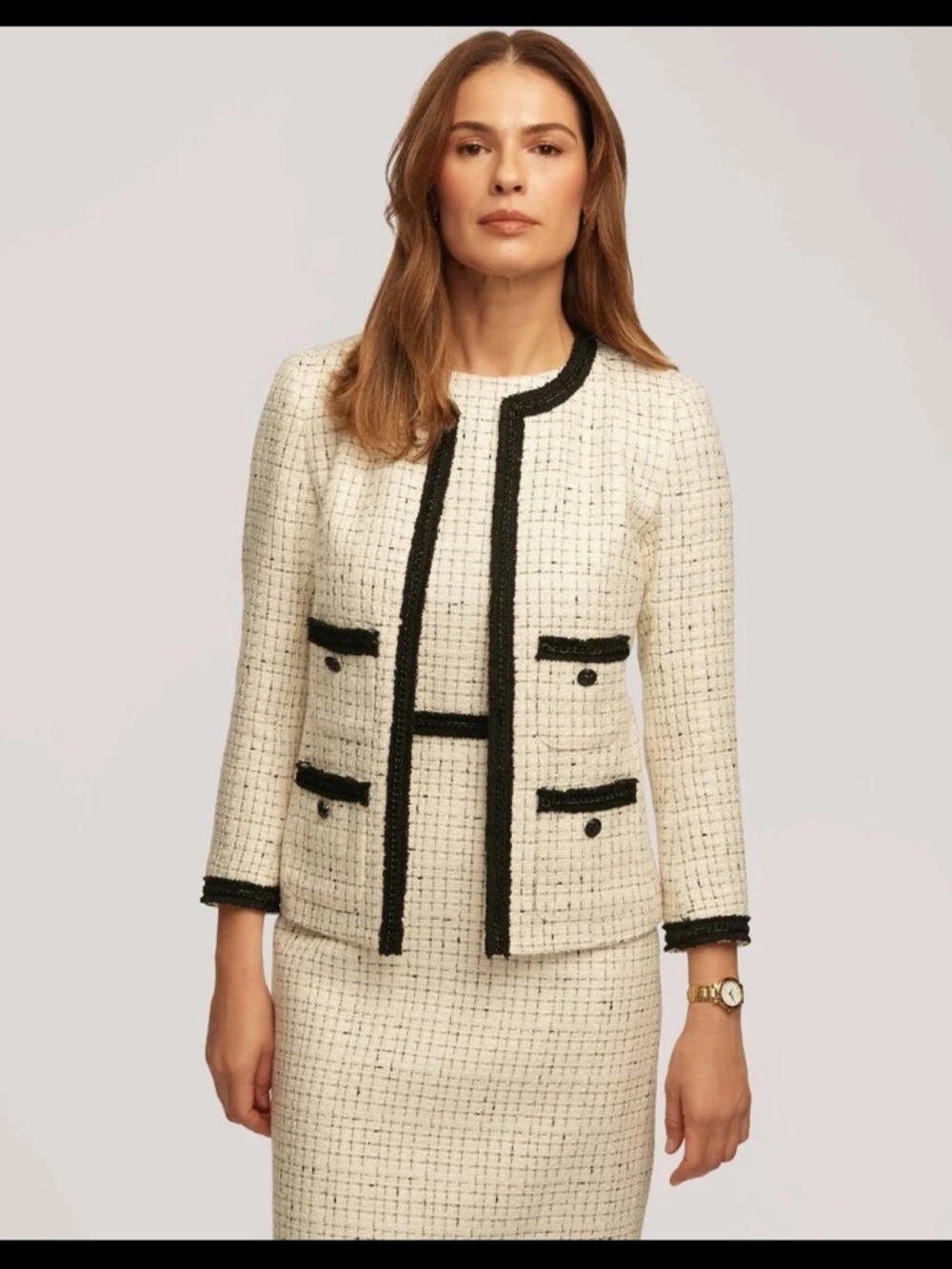 Anne Klein Black & Ivory Tweed Open-Front Blazer
